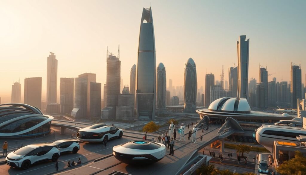 A futuristic cityscape in warm tones, with gleaming skyscrapers and sleek, futuristic architecture. In the foreground, various AI-powered technologies are on display, from autonomous vehicles to humanoid robots and holographic displays. The midground features a bustling hub of activity, with people interacting with these advanced systems. In the background, a vibrant, tech-infused skyline stretches out, hinting at the rapid advancements and transformative potential of artificial intelligence in the year 2024. The scene is bathed in a soft, golden light, creating an atmosphere of optimism and progress.