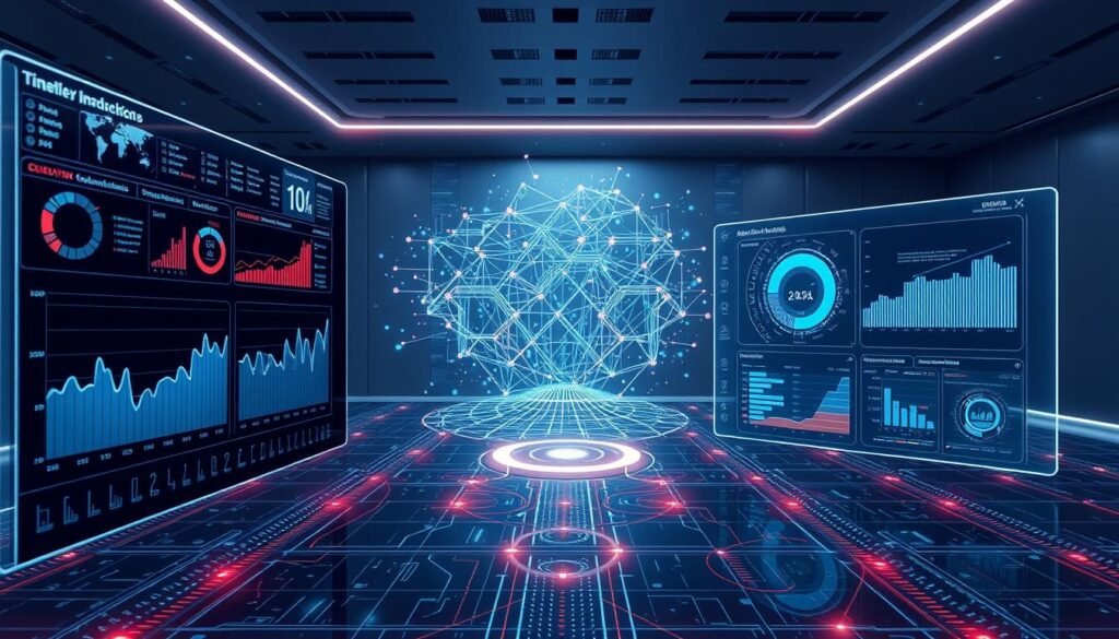 A futuristic data analysis dashboard displaying advanced analytics visualizations and insights from an artificial intelligence system. The foreground features dynamic charts, graphs, and infographics presented on sleek, holographic panels. The middle ground showcases a complex, interconnected network of data streams and algorithms, with pulsing nodes and lines of energy. The background depicts a minimalist, high-tech environment with a muted color palette and subtle lighting, conveying a sense of precision and efficiency. The overall atmosphere is one of cutting-edge technology, data-driven decision making, and the powerful capabilities of AI-powered marketing optimization. A futuristic data analysis dashboard displaying advanced analytics visualizations and insights from an artificial intelligence system. The foreground features dynamic charts, graphs, and infographics presented on sleek, holographic panels. The middle ground showcases a complex, interconnected network of data streams and algorithms, with pulsing nodes and lines of energy. The background depicts a minimalist, high-tech environment with a muted color palette and subtle lighting, conveying a sense of precision and efficiency. The overall atmosphere is one of cutting-edge technology, data-driven decision making, and the powerful capabilities of AI-powered marketing optimization.