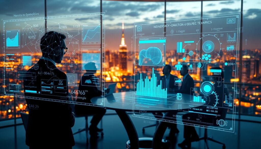 A futuristic scene depicting the application of neuro-symbolic AI in a business setting. In the foreground, a holographic interface displays complex data visualizations and algorithms. In the middle ground, executives collaborate around a sleek conference table, discussing insights derived from the AI system. The background features a panoramic cityscape bathed in warm, ambient lighting, hinting at the innovative potential of this emerging technology. The overall composition conveys a sense of forward-thinking innovation, strategic decision-making, and the seamless integration of human expertise and artificial intelligence.