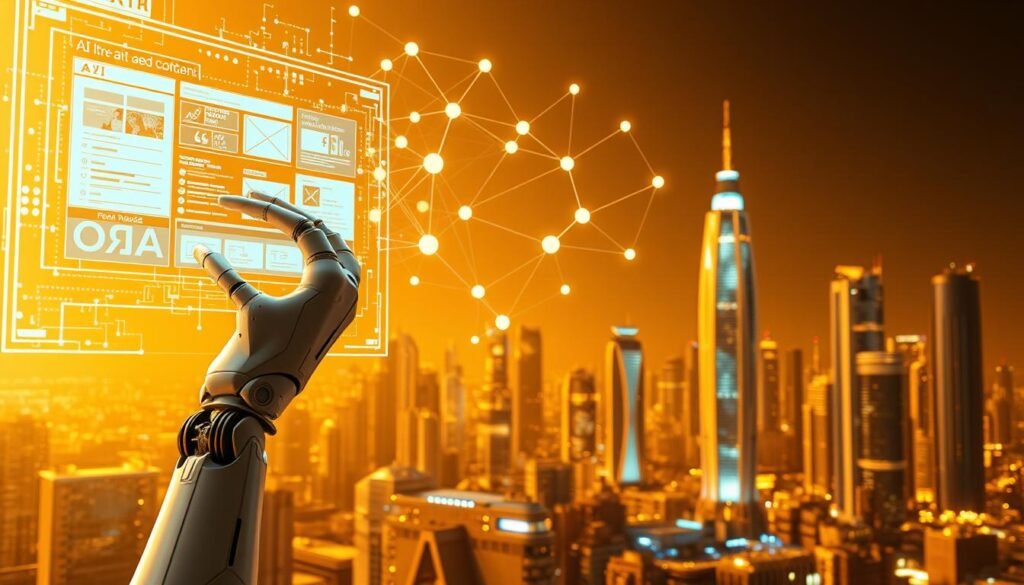 A futuristic scene depicting the automation and diffusion of AI-generated content. In the foreground, a robotic arm manipulates digital content on a holographic interface, symbolizing the seamless integration of AI in the content creation process. In the middle ground, a network of interconnected nodes and data streams represent the rapid dissemination of this AI-powered content across digital platforms. The background features a cityscape of gleaming skyscrapers and technological infrastructure, conveying a sense of a highly advanced, AI-driven world. The scene is bathed in a warm, golden hue, creating a sense of technological progress and innovation. The composition should evoke a mood of efficiency, optimization, and the transformative power of AI in content marketing and SEO.