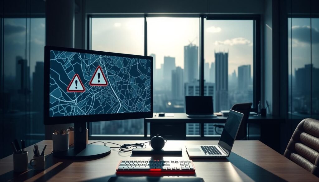 A geolocalization error-themed scene set in a modern office environment. In the foreground, a computer monitor displays distorted map data and a warning icon, symbolizing the inaccuracies of AI-driven local SEO. The middle ground features a desk with a laptop and other office supplies, creating a sense of a work setting impacted by these technical issues. The background showcases a partially obscured cityscape through a window, hinting at the real-world location data discrepancies. Dramatic lighting casts long shadows, creating a sense of unease and the technical challenges faced. The scene conveys the risks and limitations of AI-powered local SEO, as suggested by the section title. A geolocalization error-themed scene set in a modern office environment. In the foreground, a computer monitor displays distorted map data and a warning icon, symbolizing the inaccuracies of AI-driven local SEO. The middle ground features a desk with a laptop and other office supplies, creating a sense of a work setting impacted by these technical issues. The background showcases a partially obscured cityscape through a window, hinting at the real-world location data discrepancies. Dramatic lighting casts long shadows, creating a sense of unease and the technical challenges faced. The scene conveys the risks and limitations of AI-powered local SEO, as suggested by the section title.