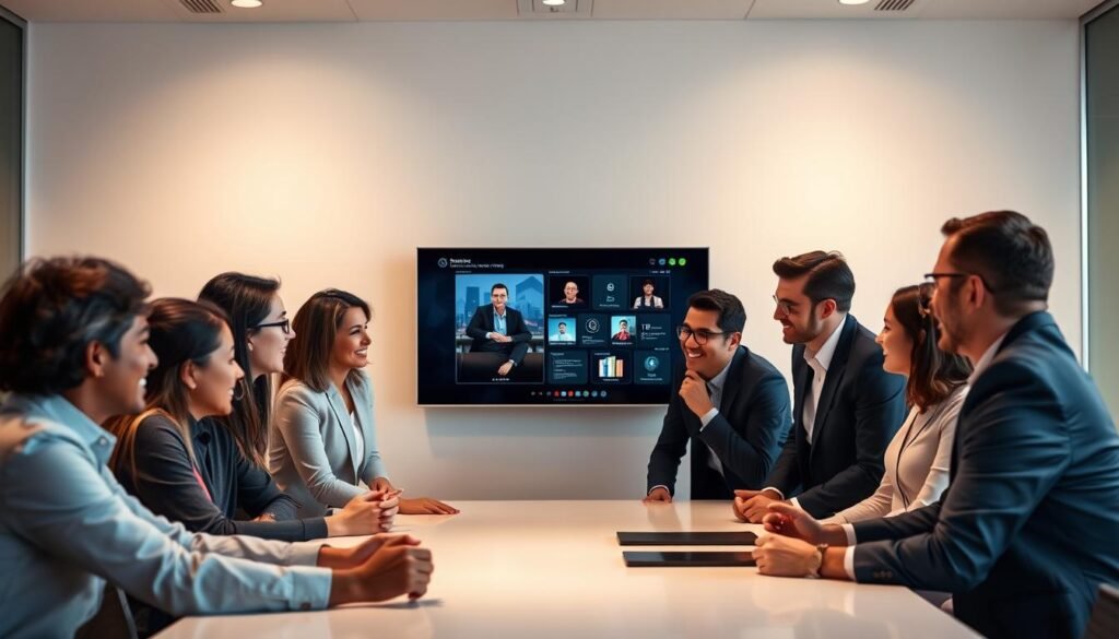 A group of diverse professionals in a modern office setting, gathered around a conference table, intently focused on a digital presentation displayed on a large screen. Soft, diffused lighting creates a warm and collaborative atmosphere. The participants, dressed in business attire, lean in, engaged in lively discussion, their expressions thoughtful and animated. The table is clean and uncluttered, allowing the virtual content to take center stage. The room's design is minimalist yet sophisticated, with clean lines and muted colors that complement the digital theme. An air of professionalism and productivity permeates the scene, reflecting the benefits of an AI-powered online learning experience for this group of business leaders.