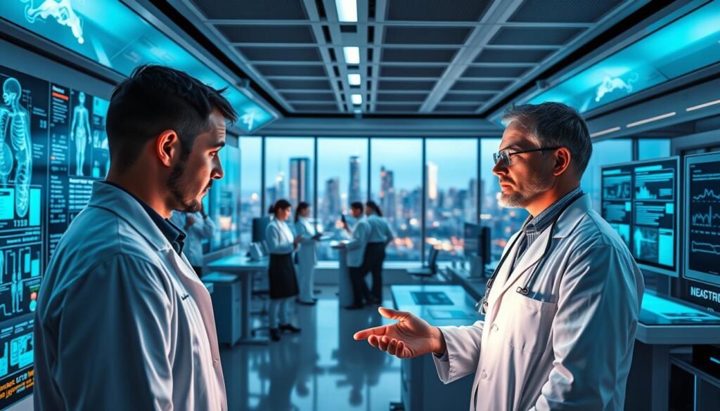 A high-tech medical facility, filled with sleek digital displays and cutting-edge medical equipment. In the foreground, a doctor in a pristine white coat examines a patient's data on a holographic projection, their expressions pensive as they analyze the information. In the middle ground, researchers in lab coats collaborate at touchscreen workstations, their faces illuminated by the glow of the displays. The background features a panoramic window, offering a view of a bustling city skyline, symbolizing the integration of digital health solutions into the urban landscape. The overall atmosphere is one of innovation, scientific rigor, and the seamless fusion of healthcare and technology.