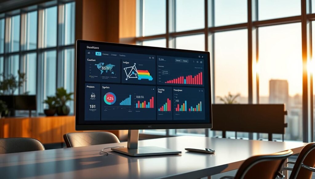 A high-tech office setting with a large, sleek computer monitor showcasing a visually engaging dashboard. The monitor is positioned on a minimalist, chrome-accented desk against a backdrop of floor-to-ceiling windows, bathing the scene in warm, natural light. On the screen, vibrant data visualizations, charts, and AI-generated schematics illustrate the benefits and efficiencies of an AI-powered web development process. The overall atmosphere conveys a sense of innovation, productivity, and the seamless integration of technology in the modern workspace.
