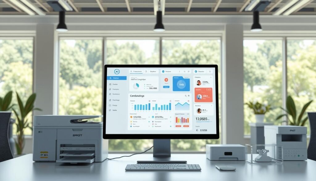 A highly detailed and expertly rendered 3D illustration of an automated email marketing system, featuring a sophisticated AI-powered interface with clean, minimalist design. The foreground shows a desktop computer screen displaying an email campaign dashboard, replete with intuitive controls, analytical charts, and customizable templates. In the middle ground, office equipment like printers and scanners seamlessly integrate with the AI workflow. The background depicts a modern, well-lit office space with large windows overlooking a lush, verdant cityscape, evoking a sense of technological progress and efficiency. The overall scene conveys a mood of streamlined productivity, intelligent optimization, and the seamless integration of advanced technology into everyday business operations.