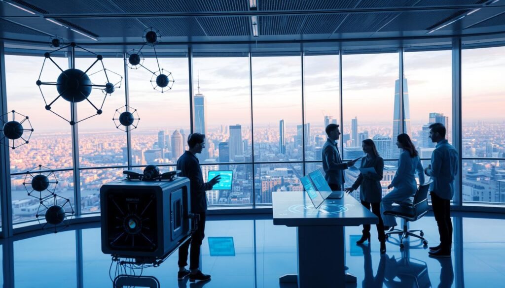 A highly detailed, photorealistic image of "generative AI models" in a sleek, modern office setting. The foreground showcases several AI models, represented as abstract geometric shapes or futuristic devices, hovering or suspended in mid-air. The middle ground features a team of data scientists and engineers collaborating on holographic displays and control panels, bathed in a soft, blue-hued lighting. The background depicts a panoramic city skyline, with gleaming skyscrapers and a vibrant, neon-tinged urban landscape. The scene conveys a sense of technological advancement, innovation, and the seamless integration of AI into the modern work environment.