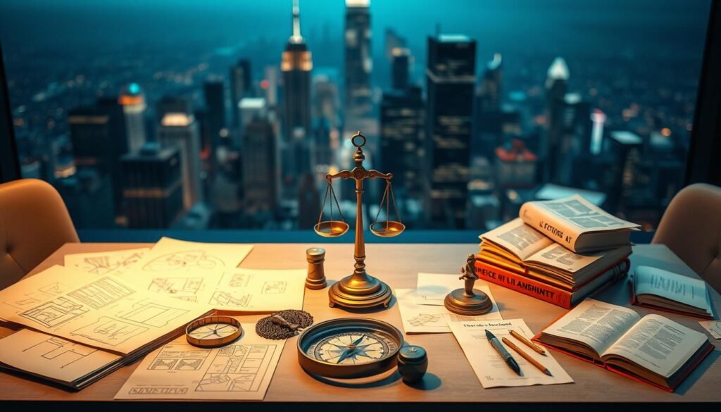 A large table with various ethical considerations surrounding generative AI, illuminated by a warm, focused lighting. On the table, a collection of AI-generated sketches, wireframes, and prototype models, alongside thought-provoking items like a moral compass, a scales of justice, and philosophical texts. In the background, a blurred cityscape with towering skyscrapers, representing the broader technological and societal context. The overall mood is one of contemplation and inquiry, inviting the viewer to ponder the complex challenges faced by content creators in the era of AI.