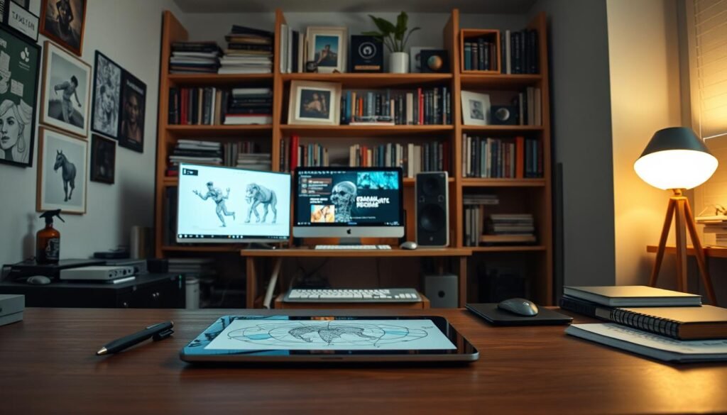 A meticulously crafted workspace filled with the tools of the AI content creation trade. In the foreground, a sleek tablet or digital drawing pad sits ready for ideation, its screen flickering with generative sketches. In the middle ground, an elegant but powerful workstation hums with the processing power required to bring concepts to life. The background is a study in contrast, with shelves lined with reference books, inspiring artwork, and the latest AI research papers. Soft, indirect lighting casts a pensive glow, inviting the viewer to imagine the limitless creative potential at their fingertips. This is the domain of the AI-powered storyteller, where technology and imagination converge to captivate audiences. A meticulously crafted workspace filled with the tools of the AI content creation trade. In the foreground, a sleek tablet or digital drawing pad sits ready for ideation, its screen flickering with generative sketches. In the middle ground, an elegant but powerful workstation hums with the processing power required to bring concepts to life. The background is a study in contrast, with shelves lined with reference books, inspiring artwork, and the latest AI research papers. Soft, indirect lighting casts a pensive glow, inviting the viewer to imagine the limitless creative potential at their fingertips. This is the domain of the AI-powered storyteller, where technology and imagination converge to captivate audiences.