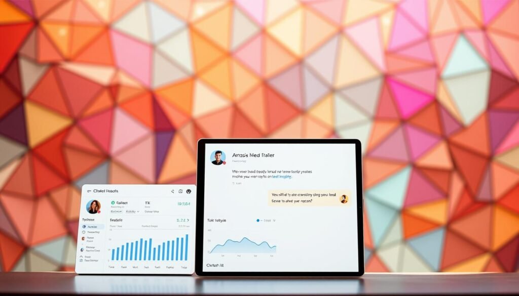 A modern and minimalist chatbot AI web interface, with a sleek and responsive design. In the foreground, a clean and intuitive dashboard displays key metrics and user insights. The middle ground features a conversational window, where a friendly and helpful AI assistant interacts with the user. The background showcases a vibrant, geometric pattern that reflects the innovative and cutting-edge nature of the technology. The overall scene is bathed in a warm, natural lighting that creates a sense of sophistication and approachability. The image conveys the power of AI-driven lead generation, blending seamless user experience with intelligent data analysis.