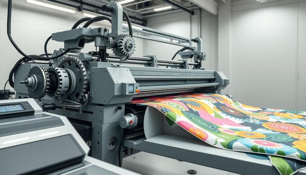 A modern, automated print-on-demand process unfolds in a sleek, minimalist workspace. Intricate cogs and gears of a complex machinery system churn harmoniously, their movements orchestrated by an AI-powered control panel. Vibrant colors and patterns elegantly adorn the surface of freshly printed fabrics, hinting at the endless design possibilities. Soft, diffused lighting casts an aura of efficiency and innovation, while clean lines and a muted palette evoke a sense of professionalism and precision. The scene captures the advantages of leveraging AI to streamline the print-on-demand workflow, empowering businesses to create and sell unique, high-quality designs without the need for extensive graphic design expertise.