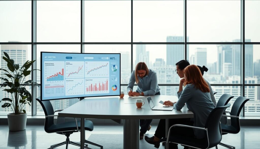 A modern, minimalist marketing case study scene showcasing an AI-powered data visualization dashboard. In the foreground, a sleek curved display shows interactive graphs and charts analyzing customer trends. The middle ground features a team of data analysts and marketers collaborating around a conference table, intently studying the insights. The background has a clean, bright office space with floor-to-ceiling windows overlooking a bustling city skyline. Subtle lighting accentuates the high-tech, innovative atmosphere. The overall composition conveys the power of AI-driven marketing strategies to drive business growth and captivate audiences. A modern, minimalist marketing case study scene showcasing an AI-powered data visualization dashboard. In the foreground, a sleek curved display shows interactive graphs and charts analyzing customer trends. The middle ground features a team of data analysts and marketers collaborating around a conference table, intently studying the insights. The background has a clean, bright office space with floor-to-ceiling windows overlooking a bustling city skyline. Subtle lighting accentuates the high-tech, innovative atmosphere. The overall composition conveys the power of AI-driven marketing strategies to drive business growth and captivate audiences.