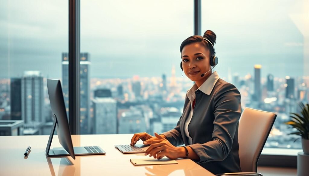A modern office scene with a professional customer service agent using an AI-powered chatbot interface. The agent is seated at a sleek, minimalist desk, bathed in warm, directional lighting that creates a focused, productive atmosphere. In the background, a large window offers a panoramic view of a bustling city skyline, symbolizing the integration of advanced technology into the daily operations of a thriving business. The agent's facial expression conveys a calm, attentive demeanor as they engage with the AI assistant, showcasing the seamless collaboration between human and machine in delivering exceptional customer experiences.