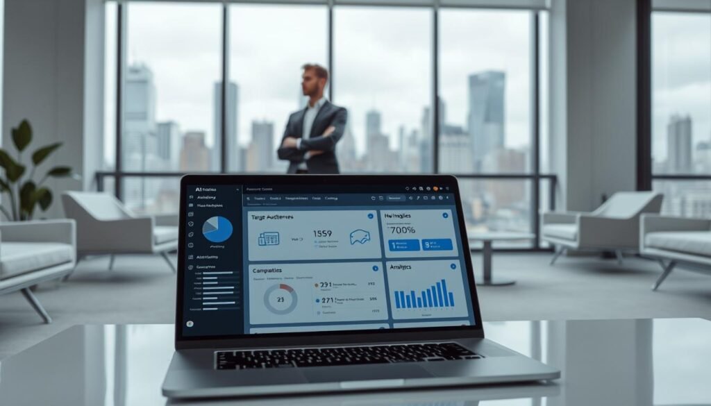 A modern office setting with minimalist furniture and clean lines. In the foreground, a laptop displays an AI-powered marketing dashboard, showcasing analytics, target audience insights, and campaign optimization suggestions. In the middle ground, a person in a business casual outfit stands thoughtfully, contemplating the data. The background features a large window overlooking a bustling city skyline, suggesting the integration of innovative technology into a dynamic, forward-thinking marketing strategy. Muted tones of grey, white, and blue create a sophisticated, tech-savvy atmosphere, conveying the power of AI-driven marketing solutions.