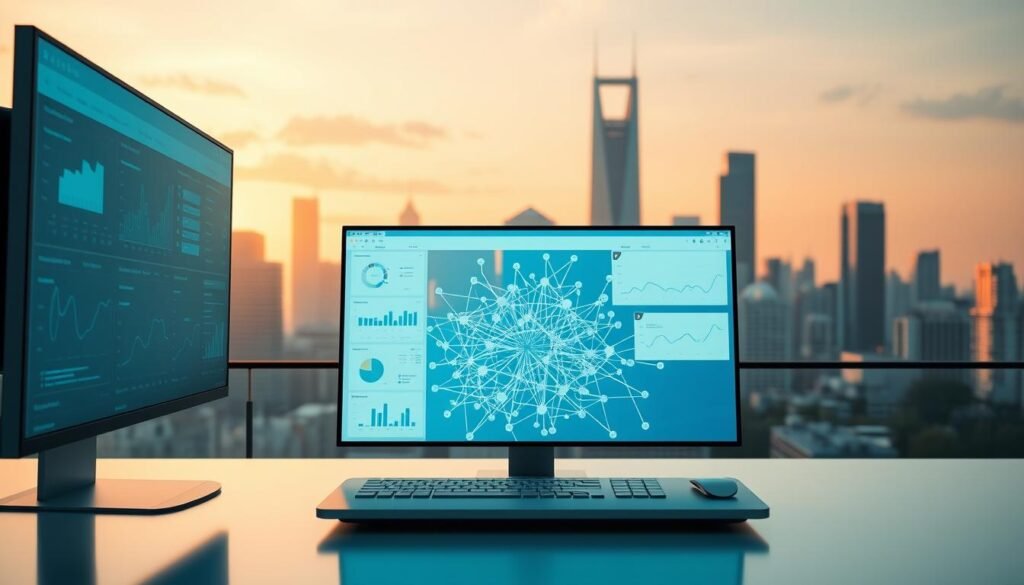 A modern, sleek and minimalist digital platform with multiple screens and interfaces showcasing various AI and machine learning models. The foreground features a clean, user-friendly dashboard with interactive charts, graphs and analytics tools. The middle ground displays a dynamic neural network visualization, with nodes and connections pulsing with energy. In the background, a cityscape of tall, futuristic buildings evokes a sense of technological progress and innovation. Warm, indirect lighting casts a soft glow, creating a professional and aspirational atmosphere. The overall scene conveys the power and potential of AI-driven education and training platforms.
