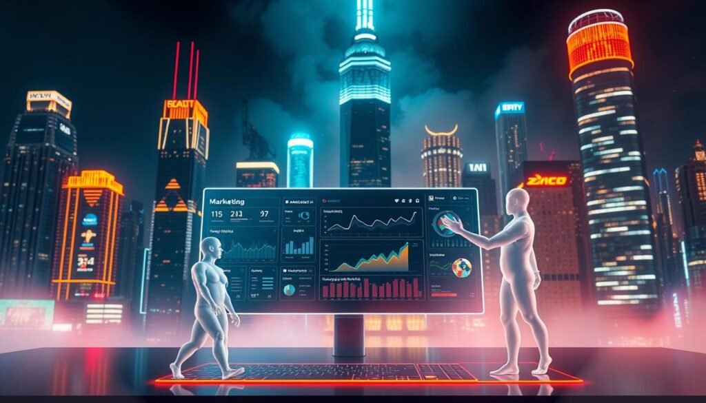 A neon-lit, futuristic cityscape at night, with skyscrapers adorned with holographic marketing displays. In the foreground, a sleek, minimalist dashboard with a central screen displaying analytics and automation tools, surrounded by floating UI elements. Translucent, ethereal figures interact with the interface, gesturing and manipulating data visualizations. Warm, vibrant hues cast an energetic glow, while the background is shrouded in a hazy, metallic ambiance, suggesting the power and potential of marketing automation technologies.