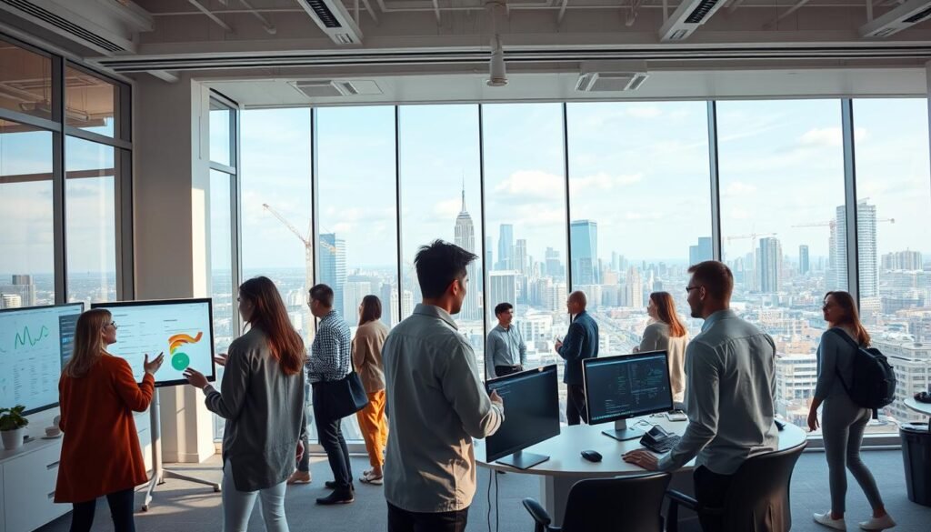 A panoramic view of a modern office setting, illuminated by soft, natural lighting filtering through large windows. In the foreground, a team of professionals engaged in dynamic collaboration, gesturing animatedly as they analyze data visualizations and discuss complex algorithms on sleek computer screens. In the middle ground, a diverse group of data scientists, machine learning engineers, and AI researchers navigate the open-concept workspace, deep in thought as they tackle challenging problems. In the background, an expansive skyline of gleaming high-rises and bustling city streets, symbolizing the integration of artificial intelligence into the fabric of the urban landscape.