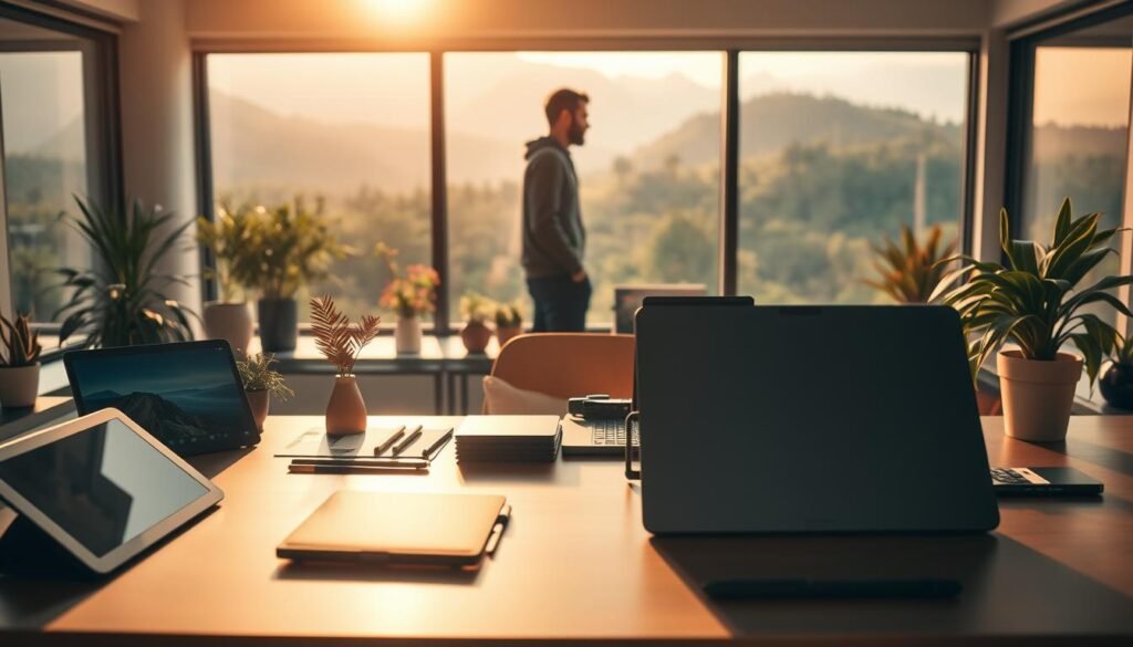 A serene digital nomad's workspace, bathed in warm, golden light. In the foreground, an array of AI-powered creative tools - tablets, styluses, and a high-tech laptop - neatly arranged on a minimalist desk. The middle ground features the nomad, a silhouetted figure gazing thoughtfully at the screen, surrounded by potted plants and a cozy yet modern decor. In the background, a panoramic window overlooks a lush, verdant landscape, hinting at the freedom and inspiration found in this digital haven. Crisp, high-resolution details and a touch of cinematic ambiance create an inviting, productivity-enhancing atmosphere.