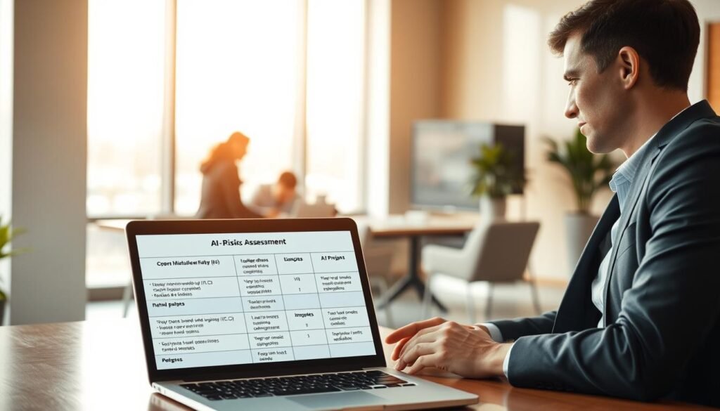 A serene office setting, bathed in warm, natural lighting from large windows. In the foreground, a laptop displays a risk assessment matrix, with various AI project risks plotted against their likelihood and impact. Beside it, a person in business attire reviews the matrix, a contemplative expression on their face. In the middle ground, a team collaborates around a table, discussing mitigation strategies. The background features sleek, minimalist decor, conveying a sense of professionalism and focus. The overall atmosphere is one of deliberation and strategic planning, reflecting the careful consideration required for successful AI project management.