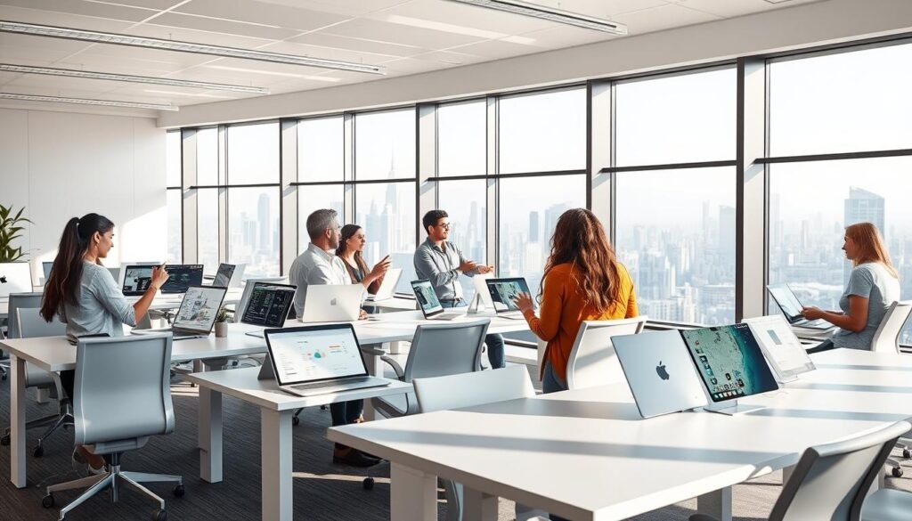 A serene, sun-dappled workspace with sleek, minimalist white desks and ergonomic chairs. In the foreground, a variety of intuitive AI-powered no-code platforms, their interfaces displayed on pristine touchscreens. In the middle ground, professionals of diverse backgrounds collaborating seamlessly, gesturing towards the screens. The background features a panoramic view of a bustling modern city, skyscrapers gleaming in the distance. Soft, diffused lighting creates a sense of optimism and possibility. The overall scene conveys the accessibility and collaborative power of AI-driven no-code tools for the modern workplace.
