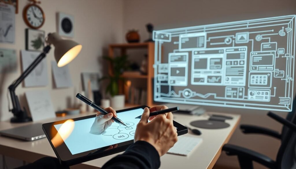 A serene, well-lit workspace with a desk, computer, and various design tools. In the foreground, a hand sketches on a digital tablet, illustrating the creative process. The middle ground showcases a 3D model of a website, rotating gently. In the background, a holographic interface displays AI-generated wireframes and layouts, guiding the design. Soft lighting, muted colors, and a sense of harmonious collaboration between human and machine create an atmosphere of focused, efficient creativity.