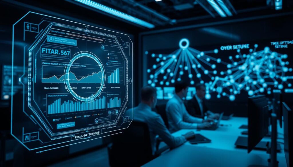 A sleek and high-tech cybersecurity scene, with a central focus on an AI-powered fraud detection system. In the foreground, a holographic interface displays real-time behavioral analytics, highlighting anomalies and potential fraud attempts. The midground features a team of analysts meticulously monitoring the system, their faces illuminated by the soft glow of their workstations. In the background, a wall-sized display showcases a complex network diagram, underscoring the scale and interconnectivity of the fraud detection process. The lighting is cool and subdued, creating an atmosphere of focused intensity. The overall composition conveys a sense of advanced, data-driven security measures protecting against financial crimes.