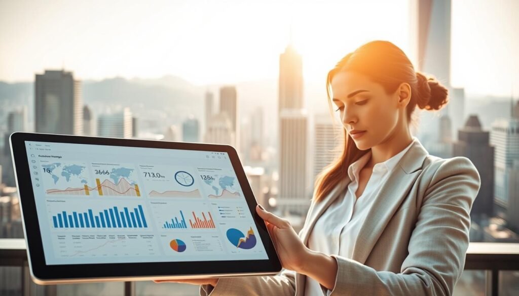 A sleek and modern digital marketing strategy featuring artificial intelligence. In the foreground, a tablet displays an AI-generated marketing dashboard with graphs, charts, and insights. In the middle ground, a professional woman examines the data, her expression focused and analytical. The background depicts a bustling city skyline, symbolizing the integration of AI into the digital marketing landscape. Bright, natural lighting casts a warm glow, conveying a sense of innovation and progress. The composition is balanced, with clean lines and a minimalist aesthetic to reflect the technological sophistication of the scene.