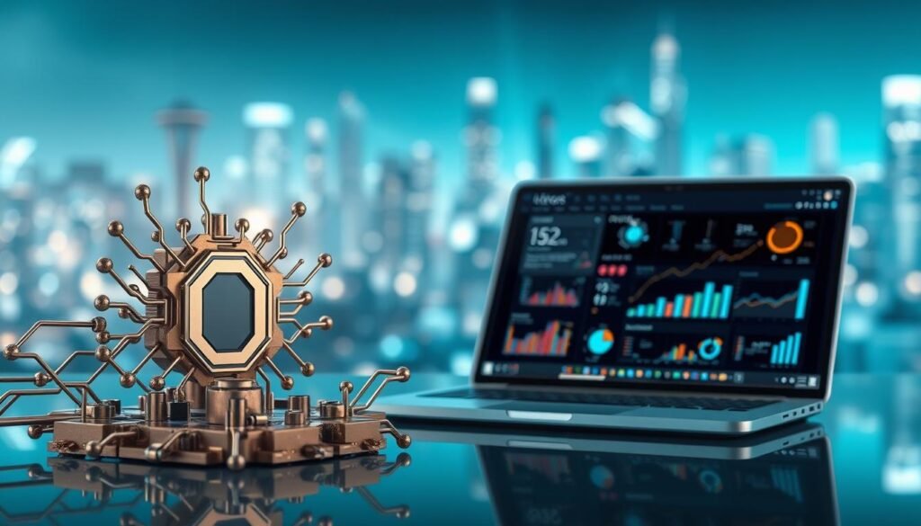 A sleek and modern visual optimization scene, showcasing the power of AI. In the foreground, a stylized 3D AI circuit board or neural network diagram, rendered in metallic tones and geometric patterns. In the middle ground, a laptop or tablet displaying a visually appealing user interface, with charts, graphs, and icons illustrating data analysis and optimization. The background features a blurred, ethereal cityscape or technology-inspired landscape, bathed in cool, teal-blue lighting to evoke a sense of innovation and futurism. The overall composition should convey a sense of synergy between human and artificial intelligence, with a focus on the aesthetics of data visualization and digital design.