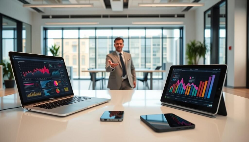 A sleek, minimalist office scene with a laptop, tablet, and smartphone on a clean white desk. In the foreground, colorful data visualizations and AI-generated insights displayed on the screens, representing the seamless integration of AI into the business processes. The middle ground features a professional, well-dressed person gesturing towards the technology, demonstrating the intuitive user experience. The background is a modern, airy workspace with large windows, allowing natural light to flood the space and create a sense of openness and collaboration. The overall atmosphere conveys efficiency, innovation, and the power of AI to transform business operations.