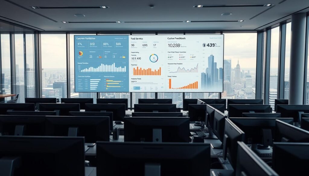 A sleek, modern office interior with a large display screen showcasing a customer feedback dashboard. Rows of neatly arranged computers and workstations populate the foreground, while the background features a panoramic view of a bustling cityscape through floor-to-ceiling windows. Soft, diffused lighting creates a professional, collaborative atmosphere. The screen displays an array of customer sentiment metrics, ratings, and reviews, with intuitive data visualizations that highlight emerging trends and patterns. The scene conveys the evolution of customer feedback management, transitioning from a manual process to a sophisticated, data-driven approach in the digital age.