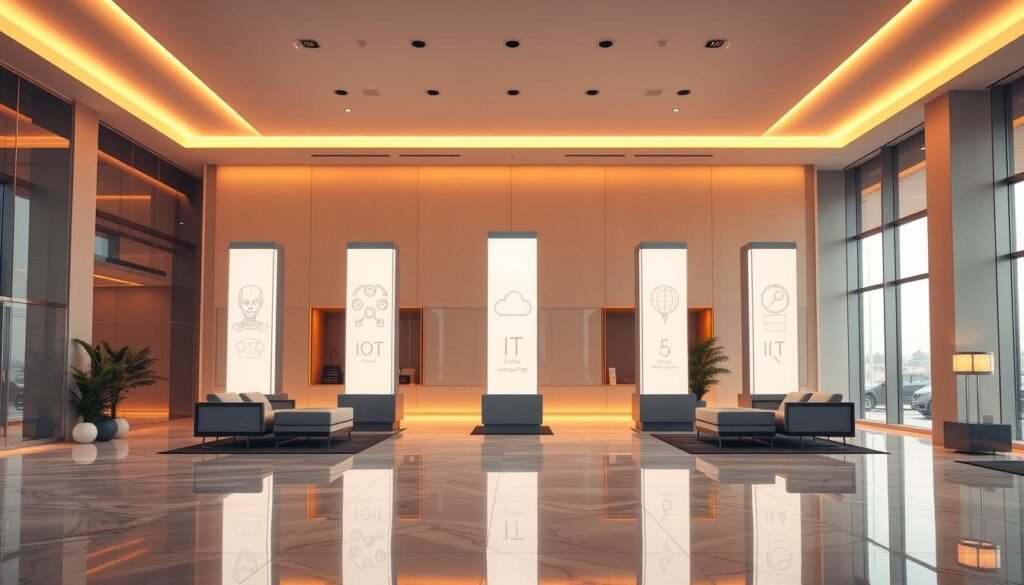 A sleek, modern office interior with five illuminated pillars representing the core elements of a fully automated business. The pillars stand tall and proud, each one showcasing a different automation technology - AI, robotics, cloud computing, IoT, and big data analytics. The scene is bathed in a warm, golden glow, creating an atmosphere of efficiency, innovation, and future-readiness. The floor is polished marble, reflecting the pillars and providing a sense of depth. Minimalist furniture and decor emphasize the focus on the central automation pillars. The overall impression is one of a cutting-edge, technology-driven enterprise, poised for success in the digital age.