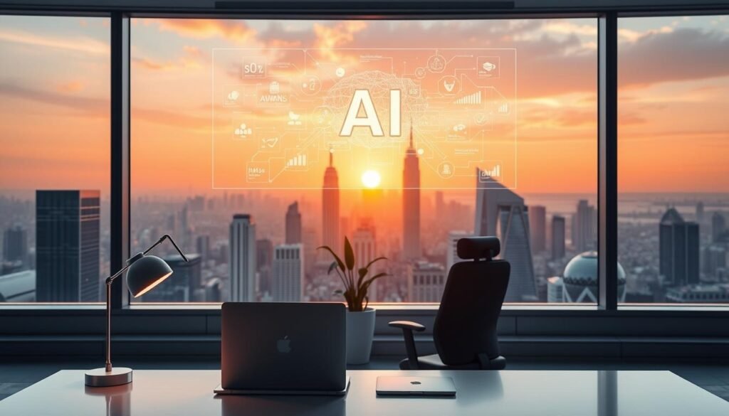 A sleek, modern office interior with floor-to-ceiling windows overlooking a bustling city skyline. In the foreground, a clean, minimalist desk with a laptop, a tablet, and a stylish lamp casting a warm glow. Hovering above the desk, a holographic display showcases a dynamic visualization of AI algorithms and data flows, representing the concept of "automatisation IA." The middle ground features a comfortable, ergonomic office chair and a potted plant, creating a sense of balance and productivity. In the background, the city skyline is illuminated by the golden hues of the setting sun, evoking a serene and aspirational atmosphere.