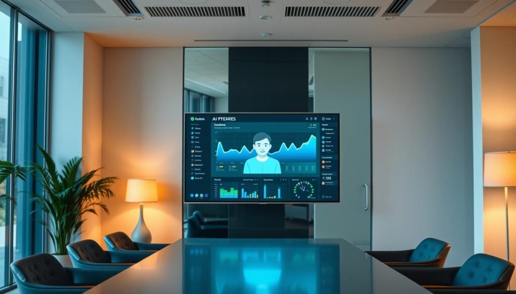 A sleek, modern office setting with a central display showcasing a personalized AI-powered user interface. The foreground features a stylized avatar reflecting the user's preferences, while the background displays a dynamic data visualization tailored to the user's needs. Warm, natural lighting creates a welcoming ambiance, and the overall composition conveys a sense of effortless integration between technology and the user experience. The scene embodies the power of AI to elevate and personalize digital interactions, enhancing productivity and engagement.