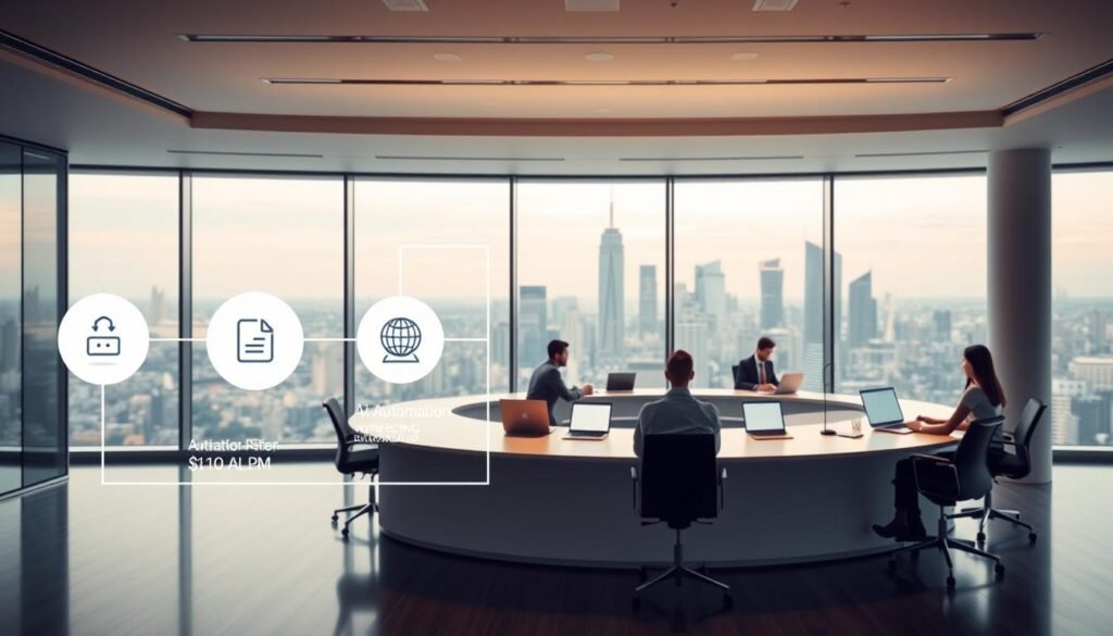 A sleek, modern office setting with a central focus on the process of AI automation. In the foreground, a stylized diagram illustrates the steps of the automation workflow, with clean lines and intuitive icons. The middle ground features a team of professionals collaborating around a large, curved desk, their laptops and screens illuminating the space with a soft, ambient glow. The background showcases a panoramic view of a bustling city skyline, symbolizing the scale and impact of these automated processes. The overall scene conveys a sense of efficiency, innovation, and the strategic optimization of time and resources.
