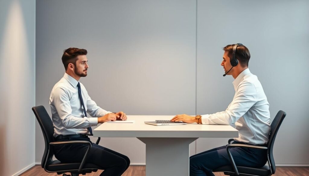 A sleek, modern office setting with a client service agent, dressed in a crisp white shirt and navy blue slacks, seated at a minimalist desk. The agent is engaged in a focused, attentive conversation with a customer, depicted as a well-dressed, professional-looking person. The background features clean, grey walls and subtle patterns, creating a sense of organization and efficiency. Soft, directional lighting casts a warm glow, highlighting the collaborative atmosphere. The overall scene conveys a seamless, AI-powered customer service experience that is streamlined, personalized, and tailored to the client's needs.