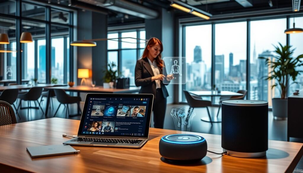 A sleek, modern office setting with a focus on personalized technology. In the foreground, a stylish desk with a laptop, tablet, and smart speaker showcasing customizable interfaces and AI-driven recommendations. In the middle ground, a customer service agent assisting a client, their interaction highlighted by a holographic display. The background features an open-concept workspace with trendy decor, soft lighting, and floor-to-ceiling windows overlooking a vibrant cityscape. The overall atmosphere conveys the seamless integration of AI-powered personalization, enhancing the customer experience within a dynamic, forward-thinking business environment.