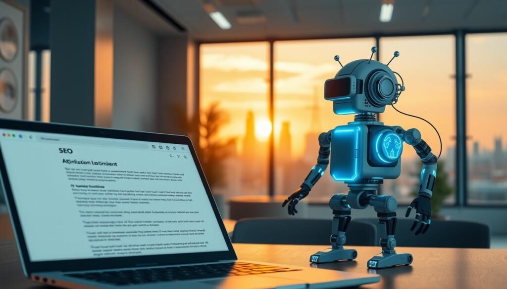 A sleek, modern office setting with a warm, inviting atmosphere. In the foreground, a laptop displays a web page with SEO optimization elements, including keyword-rich content, meta tags, and image alt text. In the middle ground, a stylized 3D model of a robotic AI system, its circuits and components glowing with an intelligent energy. In the background, a large window overlooks a city skyline, bathed in the golden light of the setting sun, hinting at the potential of AI-powered content optimization for SEO. The scene conveys a sense of efficiency, innovation, and the seamless integration of human and machine intelligence.
