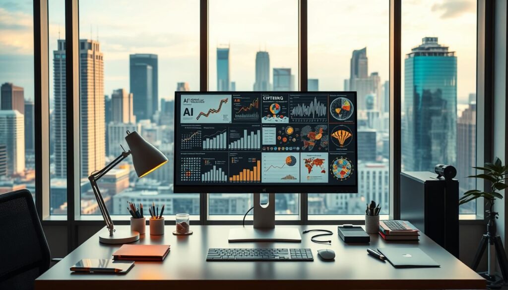 A sleek, modern office setting with large windows overlooking a vibrant cityscape. In the foreground, a desk with a powerful desktop computer, surrounded by various office supplies and a stylish desk lamp. On the screen, an array of AI-generated visuals and content displays - infographics, data visualizations, and captivating digital artwork. A sense of creativity and innovation permeates the scene, reflecting the possibilities of leveraging AI technology to create engaging, high-quality content. The lighting is warm and directional, casting a subtle glow on the workspace. The overall atmosphere conveys a balance of productivity and artistic expression, showcasing the synergy between human ingenuity and machine intelligence.