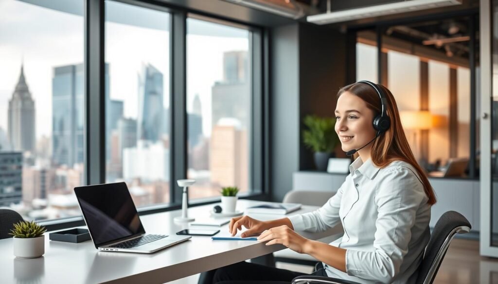 A sleek, modern office space with a focus on customer service. In the foreground, a young, professional-looking person sitting at a desk, intently assisting a customer on a video call, their expressions conveying empathy and attentiveness. The middle ground features a clean, minimalist workspace with a laptop, a tablet, and other office accessories, all neatly arranged. In the background, a large window overlooking a bustling city skyline, with warm, natural lighting filtering through. The overall atmosphere is one of efficiency, technology, and a commitment to providing an excellent customer experience.