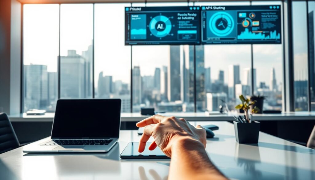A sleek, modern office space with a large desk featuring a laptop, tablet, and other productivity tools. In the foreground, a human hand confidently operates the devices, seamlessly integrating AI-powered applications. The middle ground showcases visualization screens displaying data analysis and process automation, while the background features a panoramic city skyline, conveying a sense of efficiency and technological progress. The lighting is soft and natural, creating a calming yet focused atmosphere. The composition emphasizes the effortless integration of AI-driven solutions into everyday work, saving time and enhancing productivity.