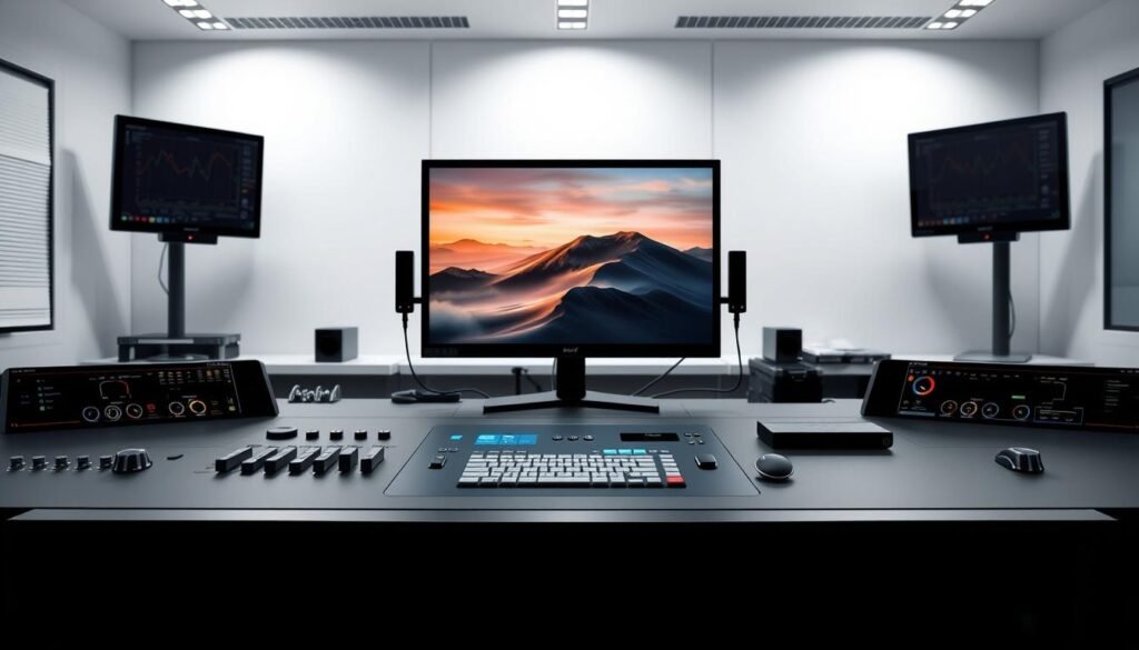 A sleek, professional-looking command console for advanced image creation with an AI system. The foreground features a minimalist, high-contrast interface with toggles, sliders, and control panels for fine-tuning parameters. In the middle ground, a central display shows a live preview of the generated image, updating in real-time. The background is a clean, modern workspace with a large, high-resolution monitor, task lighting, and a clutter-free desk. The overall aesthetic is one of precision, power, and technical mastery, perfectly suited for crafting visually stunning, professional-grade imagery.