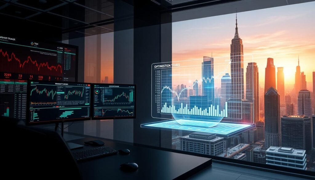 A sophisticated digital illustration depicting the optimization of stocks using artificial intelligence. A modern financial trading desk in the foreground, with multiple high-resolution displays showcasing complex data visualizations and algorithmic trading models. In the middle ground, a holographic 3D projection of a stock market dashboard, with real-time stock tickers, price charts, and predictive analytics. The background features a futuristic cityscape of sleek skyscrapers and gleaming infrastructure, bathed in a warm, ethereal light. The overall atmosphere conveys a sense of technological prowess, data-driven decision making, and the seamless integration of AI into the world of finance.