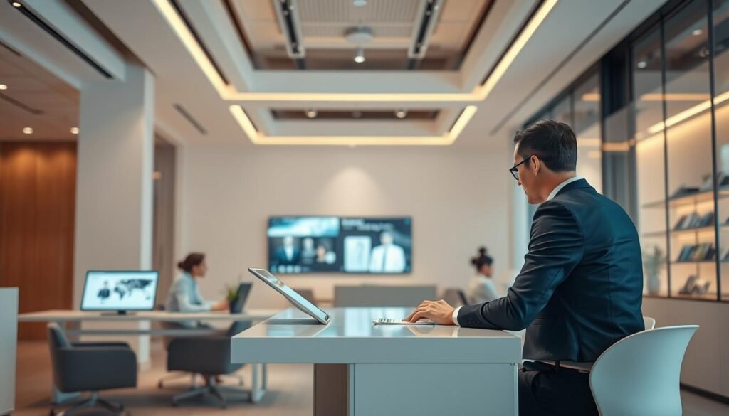 A sophisticated office interior with a focus on personalized technology integration. In the foreground, a well-dressed customer sits at a sleek, minimalist desk, engrossed in discussion with a helpful sales representative. The middle ground features cutting-edge display screens and intuitive interfaces, showcasing the personalized shopping experience. The background subtly evokes an airy, modern ambiance with warm lighting and clean, geometric architectural details. The overall atmosphere conveys a sense of seamless human-AI collaboration, reflecting the strategic integration of intelligent systems to enhance the e-commerce journey.