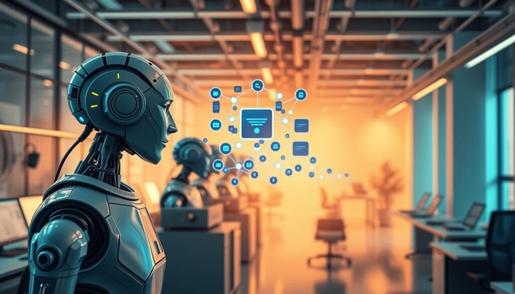 A streamlined production line of marketing content, with automation tools seamlessly executing tasks - from content curation to distribution. In the foreground, a sleek AI assistant analyzes data and generates personalized text, imagery, and video. Hovering in the middle ground, a network of algorithms efficiently schedule and publish content across multiple digital channels. In the background, a panoramic view of a futuristic, minimalist office setting, bathed in warm, soft lighting that evokes a sense of efficiency and productivity. The overall scene conveys the power of AI-driven marketing automation to create new revenue streams for the modern digital entrepreneur.