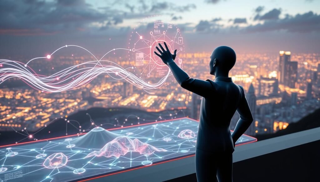 A striking 3D illustration showcasing the core concepts of natural language processing (NLP). In the foreground, a stylized human figure interacts with a holographic interface, manipulating swirling data streams and glowing neural network nodes. The middle ground features an abstract landscape of interconnected language models, parsing and analyzing text in multiple languages. In the background, a vast technological cityscape stretches out, hinting at the widespread applications of NLP in modern enterprises. The scene is bathed in a warm, futuristic glow, conveying the power and potential of this transformative field of artificial intelligence.