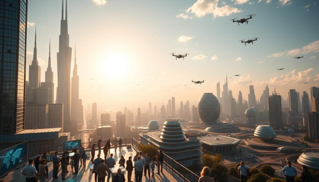 A sun-drenched, futuristic cityscape with towering skyscrapers and gleaming spires. In the foreground, a bustling hub of activity, with people engaged in dynamic discussions and collaborative work, surrounded by holographic interfaces and data visualizations. In the middle ground, a series of interconnected, high-tech laboratories and research facilities, where teams of scientists and engineers are hard at work on cutting-edge AI innovations. In the background, a vast, hyperconnected network of smart infrastructure, with vehicles autonomously navigating the streets and drones crisscrossing the sky. The overall atmosphere is one of limitless possibility, as the city represents the key sectors and emerging opportunities in the world of artificial intelligence.