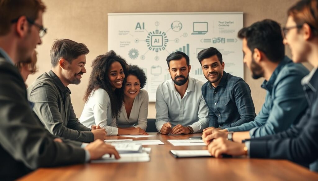 A team of diverse professionals gathered around a table, engaged in a collaborative discussion about implementing AI within their existing tools and workflows. The scene is captured in a warm, natural lighting, with a slight depth of field to focus the viewer's attention on the group. The team members wear a mix of formal and casual attire, reflecting their different roles and backgrounds. In the background, a whiteboard or digital display showcases relevant AI-related concepts and diagrams, hinting at the technical nature of their project. The overall atmosphere conveys a sense of focus, problem-solving, and the shared goal of integrating AI to streamline their existing processes and save time.