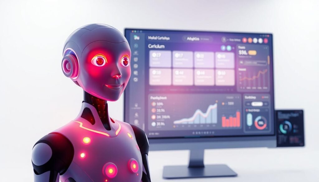 A vibrant, flexible AI-powered digital formation for entrepreneurs, set against a clean, minimalist background. In the foreground, an AI assistant avatar guides the user through interactive modules, its holographic form emanating a warm, inviting glow. The middle ground features a dynamic, customizable curriculum, with modular lessons and personalized pathways. In the background, a sleek, modern interface showcases data visualizations and performance analytics, empowering entrepreneurs to track their progress. The overall scene conveys a sense of empowerment, efficiency, and the transformative potential of AI-driven education for business growth.