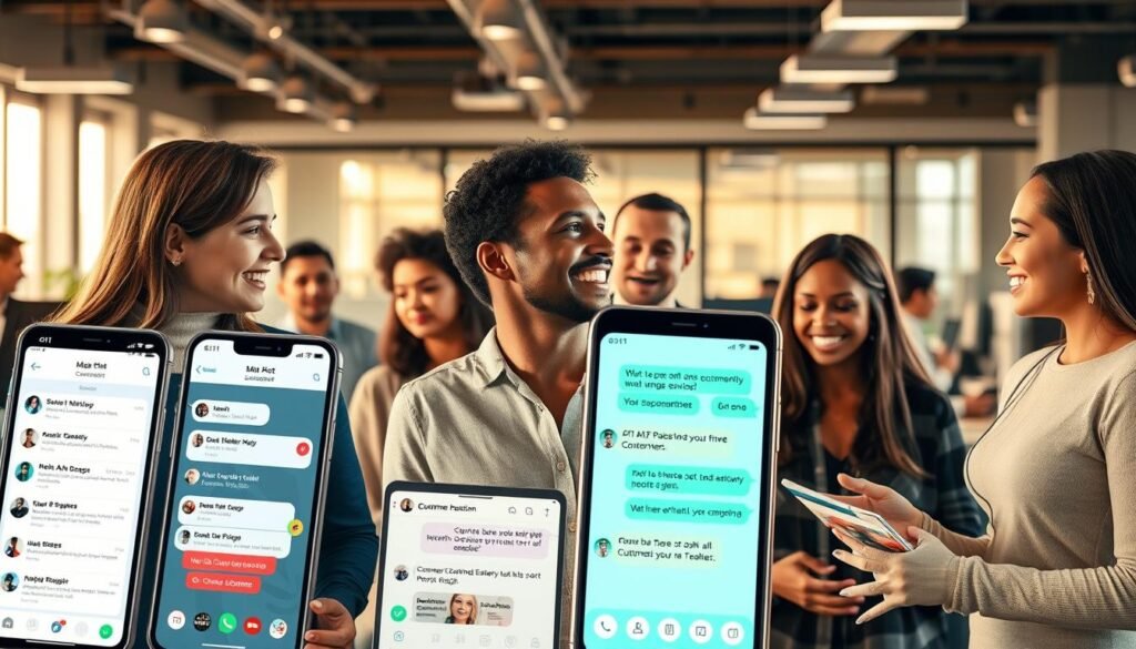 A vibrant, high-resolution image showcasing concrete examples of effective chatbots in a marketing context. The foreground depicts several customer service chatbot interfaces, each with intuitive conversational menus and user-friendly designs. The middle ground features a group of diverse customers engaged in dialogue with the chatbots, their expressions conveying satisfaction and engagement. In the background, a modern office setting with sleek technology and collaborative workspaces suggests a cutting-edge marketing environment. The overall scene is bathed in warm, natural lighting that enhances the approachable and professional atmosphere. The image embodies the power of AI-driven chatbots to streamline customer interactions and drive business growth.