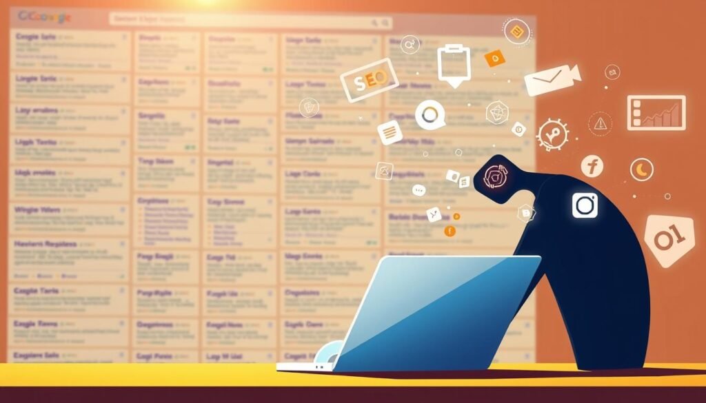 A vibrant, modern illustration of "optimization and SEO for content creation". In the foreground, an abstract human figure composed of geometric shapes is hunched over a laptop, intently focused on the screen. The background features a grid of search engine results pages, with various SEO-related icons and symbols floating in the air. Warm, muted tones create a sense of concentration and productivity. The composition is balanced, with the figure positioned off-center to draw the eye. Lens flare and a slight depth of field add a professional, polished feel. The overall mood is one of creativity, efficiency, and the seamless integration of human and AI-powered content optimization.