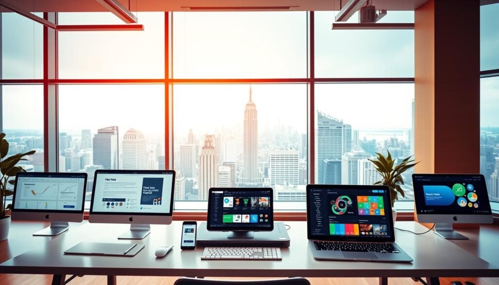 A vibrant, modern workspace with sleek no-code platforms showcased on stylish workstations. The foreground features a clean, minimalist desk setup with a laptop, tablet, and various intuitive UI elements. The middle ground highlights the diverse range of no-code tools, each with a distinct interface and functionality. In the background, a large, panoramic window overlooks a bustling city skyline, bathed in warm, natural lighting. The overall scene conveys a sense of efficiency, innovation, and the empowerment of non-technical professionals to create digital solutions.